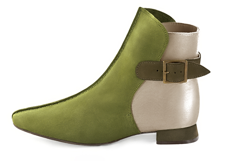 Pistachio green and gold women's ankle boots with buckles at the back. Square toe. Flat flare heels. Profile view - Florence KOOIJMAN
